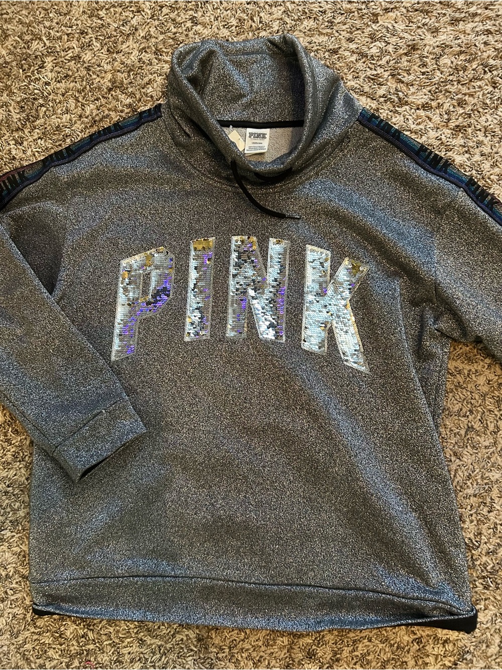 PINK Victoria's Secret Girls' Metallic Gray Sequin Logo Cowl Neck Top HTF